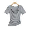 Camiseta de Manga Curta Plissada com Gola Pure Wish Feminina Verão Nova Menina Quente Sexy Slim-fit Irregular Slim-fit Top Curto