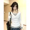 Camiseta Manga Longa Falsa Duas Peças Listrada Gola Lapela Branca Feminina Outono Novo Estilo Coreano Slim Casual Blusa Color Block