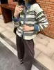 Cárdigan de punto a rayas patchwork de mezclilla estilo japonés y coreano transfronterizo, nuevo suéter chaqueta casual holgado de otoño e invierno 2026 para mujer
