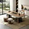 Mesa de Té y Juego de Sillas con Acabado de Madera de Nogal y Encimera de Roca para el Hogar, Mesa de Té Estilo Chino Nuevo, Mesa de Café para Oficina, Sensación de Lujo Ligero de Gama Alta, Encimera Grande