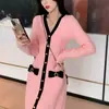 Vestido de Punto Estilo Pequeño Chanel para Mujer Principios de Otoño Nuevo Elegante Francés Rosa Capa Interior Vestido de Lana