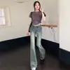 Jeans de Pierna Ancha Ligeramente Acampanada con Diseño Vintage para Mujer, Combinan con Todo, Tiro Bajo, Estilo Spice Girl, Elásticos, Ajustados, con Desgaste en el Muslo
