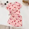 Conjunto de Verano para Niñas de Comercio Exterior: Conjunto de Dos Piezas: Top Redondo con Estampado de Cerezas Dulce y Fresco + Shorts Sueltos Transpirables