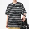 2024 Marca de Moda de Algodón Puro Verano Manga Corta para Hombre Tejido Rayado Pesado 260g Joker Mastic Estampado Tecnológico Camiseta Moda