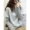 Camiseta de Manga Larga para Mujer Estilo Retro Americano Falso Dos Piezas Bloque de Color Algodón Puro Otoño Versátil Reductora de Edad Elegante Chic Moda Top