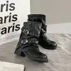 Botas de Perna com Calças Pretas de Rebite Estilo Punk Retrô Femininas 2026 Novas Botas de Cavaleiro de Outono Salto Grosso Emagrecedoras Botas Curtas de Meia-Canela