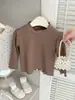 Estilo Coreano Meninas Primavera e Outono Versátil Princesa Camisa Básica Nova Gola Redonda Top Fino Bebê Casual Camiseta de Manga Longa