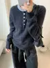 Suéter Cálido de Lana con Cuello Henley y Media Botonadura de Cachemira para Mujer, Otoño e Invierno, Mezcla de Seda, Color de Contraste, Tejido de Punto de Manga Larga