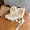 Novo Chapéu de Sol de Verão para Meninas para Passeios na Praia, Chapéu de Palha Infantil de Renda com Proteção Solar e Aba Larga, Chapéu de Palha de Menina