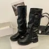 Botas de moda para mujer hasta la pantorrilla, nuevo estilo otoño e invierno 2026, estilo británico retro, que aumentan la altura, tacón grueso, botas de montar con pierna de pantalón plisada superpuesta