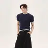 Camiseta de Tricô de Cor Sólida com Design Único de Duas Peças para Homens, Manga Curta, Gola de Alto Padrão, Corte Justo (Slim Fit), Cleanfit, Adequada para o Deslocamento no Verão