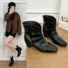 Botines de vestir con tacón grueso y aumento interno de altura 2026 moda ajustada de tacón apilado otoño botines cortos para mujer con caña corta y punta cuadrada