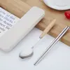 Juego de Tres Piezas de Acero Inoxidable con Mango de Madera, Estilo Japonés, Cuchara, Tenedor y Palillos, Cubiertos Portátiles, Set de Regalo Creativo