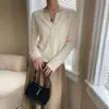 Cardigan de Tricô Escovado com Mistura de Lã de Ovelha e Cashmere, Novo Estilo Outono Inicial, para Mulheres, Gola Redonda, Camada, Top Estilo Preguiçoso
