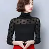 Camisa de Encaje de Primavera Cuello Alto Estampado de Puntos Polares Manga Larga Camisa Base Ropa Exterior para Mujer Ajustado Malla Interior Top Estilizado