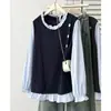 Nova moda outono plus size feminina, estilo coreano, moda, retalhos de renda, botões decorados, moletom falso de duas peças 0759