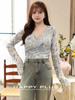 Top Runqi Plus Size com Tiras Cruzadas Estilo Francês Gradiente em Renda 8966 Sexy com Mangas Longas Flare em Renda