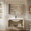 Juego de Gabinetes de Baño de Aluminio Espacial Color Crema con Lavabo de Cerámica Integrado, Estilo Simple