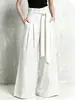 Calça de linho de algodão de cintura alta estilo europeu e americano, perna larga para mulheres, com cós plissado tipo papel, alças de amarração e caimento solto e fluido, adequada para o trabalho