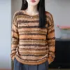 Suéter de punto retro de cuello redondo nuevo para otoño/invierno 2026 transfronterizo, de manga larga para mujer, color hilo floral, bloques de color, a rayas, ajuste holgado, camiseta básica