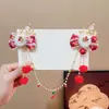 Pasador Infantil Estilo Antiguo con Cadena para Cejas, Pasador Rojo para Niñas Pequeñas, Accesorio para el Cabello con Borla de Perlas y Flor para Fotografía de Hanfu y Trajes Tradicionales