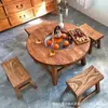 Mesa de Chá de Madeira de Ulmeiro Antiga em Estoque para Uso Doméstico, Mesa de Chá para Varanda com Fogareiro, Mesa de Chá Redonda de Madeira Maciça com Fogão de Indução, Mesa de Hot Pot para Churrasco