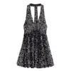 Primavera 2025 nuevo vestido mini de falda con cuello halter de lentejuelas sexy sin espalda para mujer europea y americana 9808574