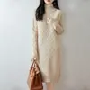 Vestido de Tricô Gola Redonda Meia-Alta Lã Pura Outono/Inverno 2026 Manga Longa Feminino Solto Padrão Torcido Comprimento Médio