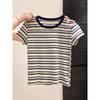 Camiseta Feminina Manga Curta Estilo Europeu Slim Fit Color Block Listrada, Moda Verão 2026 Slimming Design Base Top