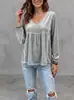 Moda europea y americana transfronteriza: Nueva colección de otoño 2026 de ropa para mujer - Top/camisa de manga larga, cuello en V, con ribete de encaje, de terciopelo, casual, corte holgado