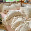 Juego de cuatro piezas de gasa de doble capa 100% algodón estilo francés grado A, 60 unidades, juego de ropa de cama de tres piezas de gasa de algodón fresca y suave