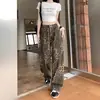 Jeans Novo Americano Retrô High Street Estampado de Leopardo Solto Reto, Calças de Cintura Alta Comprimento Total Novas para Primavera e Outono