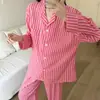 Pijama de Algodón Nube para Mujer, Primavera y Otoño, Estilo Coreano, Cárdigan Simple de Rayas de Manga Larga, Ropa de Casa Holgada para Mujer, Se Puede Usar Afuera