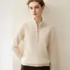 Suéter Feminino 100% Caxemira Pura com Meio Zíper, Novo Estilo Outono/Inverno, Caimento Solto, Gola Meia Alta, Suéter de Malha Base
