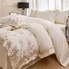 Conjunto de Quatro Peças de Algodão Lavado Super Macio Classe A de Luxo Leve Bordado Floral Capa de Edredom Lençol de Cama Amigo da Pele Dormir Nu Universal para Todas as Estações Roupa de Cama 4