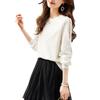 Top de Punto con Cuello Redondo y Abertura con Textura de Encaje para Mujer T2025 Moda Nueva Primavera y Otoño Camiseta Elegante de Manga Larga