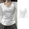 Camiseta de Manga Larga de Color Sólido con Cuello en V y Costillas de Seda de Hielo de Cangrejo Wubili para Mujer, Nuevo Top Ajustado de Primavera y Otoño