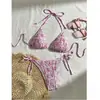 Traje de Baño Bikini Multicolor 2024 Nuevo Estilo con Diseño Fruncido, Cuello Halter de Atar y Efecto Fruncido para Mujer