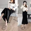 Falda larga bodycon de media longitud tipo sirena de terciopelo de alta calidad, suave por debajo, amigable con la piel, tela engrosada, con cintura elástica para otoño e invierno
