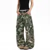 Calças jeans patchwork de camuflagem desconstruída com estampa de leopardo estilo americano para homens e mulheres, nova marca da moda para primavera e outono, calças de trabalho retas largas
