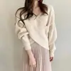 Suéter de Color Sólido para Mujer con Cuello en V Cruzado, Nuevo Estilo Otoño/Invierno 2026, Corte Holgado, Diseño Simple, Tejido de Punto de Manga Larga