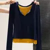 Camiseta Térmica Plus Size Falsa Duas Peças Color Block Ombro Normal Manga Longa para Mulheres, Nova Chegada de Outono Slim-Fit Quente Camiseta Interna
