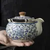 Conjunto de Chá Kung Fu com Padrão de Lótus Azul e Branco com Uma Bule e Duas Xícaras, Bule de Cerâmica Doméstico com Separação de Chá e Água, Caixa de Presente