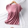 Atacado modal de manga curta feminino com fio largo top de manga curta com gola redonda sem sutiã pode ser usado por fora camiseta lisa roupa de casa