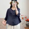 Camisa de Algodón y Lino de Color Sólido Corta de Moda Casual Versátil con Bolsillo Adelgazante para Mujer Verano 2025