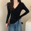 Camiseta de Fondo de Punto con Cuello en V para Mujer, Otoño e Invierno Punto Asimétrico de Cintura Francesa, Top de Punto de Manga Larga