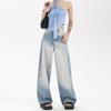 Estilo Europeo y Americano [Degradado Azul Claro] Jeans de Pierna Ancha Azul Claro para Mujer, de Cintura Alta, Holgados, Pantalones de Pierna Ancha con Degradado, de Largo hasta el Suelo