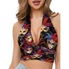 Mardi Gras Transfronterizo Carnaval de Nueva Orleans top sin mangas con cuello halter escote en V profundo patrón de diamantes morado-verde-dorado estampado de iris