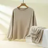 Otoño e Invierno Cuello Redondo Cálido Manga Larga Camiseta Básica Conjunto de Dos Piezas talla extra Casual Ajustado Color Sólido Ropa de Otoño Pantalones de Otoño Traje Interior