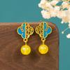 Nuevos Pendientes Esmaltados de Trébol de Cuatro Hojas Hueco Estilo Chino Flor de Ciruelo Redondos Imitación Jade Clásicos Paraguas para Mujer Pendientes Chapados en Oro
